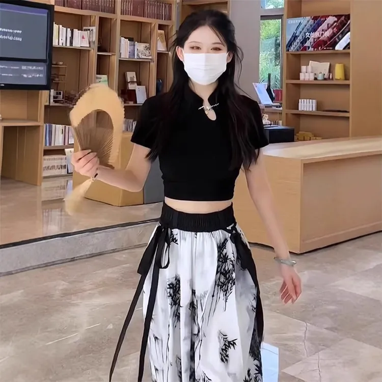 新中式国风旗袍领短袖T恤女夏季新款辣妹高级感修身显瘦短款上衣