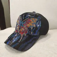 彩色蝴蝶图案珠片棒球帽-黑配蓝