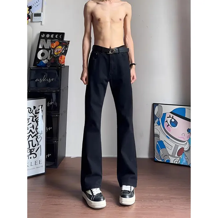 美式cleanfit显瘦窄版黑色牛仔裤男款春秋季痞帅高街微喇直筒裤子