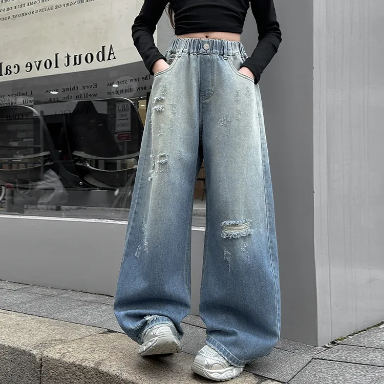 女童牛仔裤秋季2025新款洋气大童直筒破洞阔腿裤春秋儿童炸街裤子