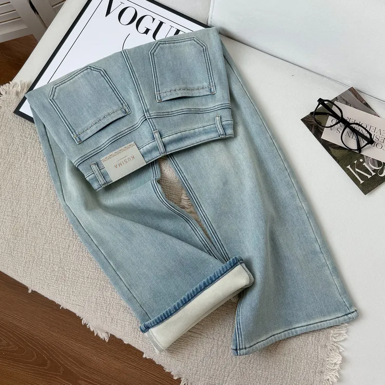 月光蓝加绒弹力窄版阔腿牛仔裤女2025冬季新款高腰显瘦百搭直筒裤