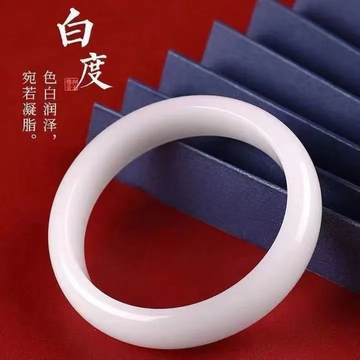 新疆金丝玉白月光宽条手镯气质时尚白色精美 美人镯 白手镯冰透款