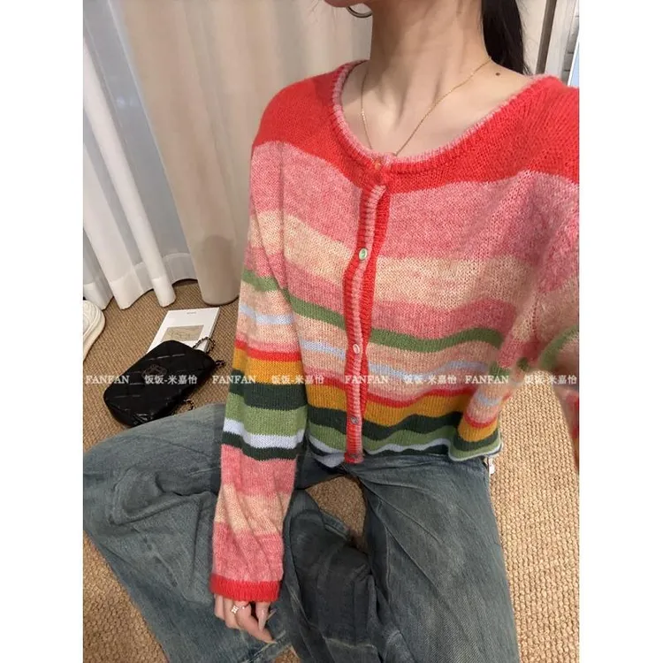 【彩虹开衫】撞色条纹慵懒宽松韩版长袖针织开衫女毛衣秋冬新款