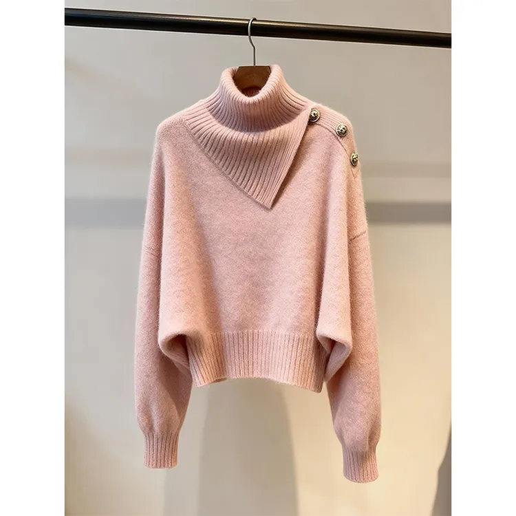 毛衣女款2025新款独特超好看时髦洋气收腰法式高领粉色针织上衣女