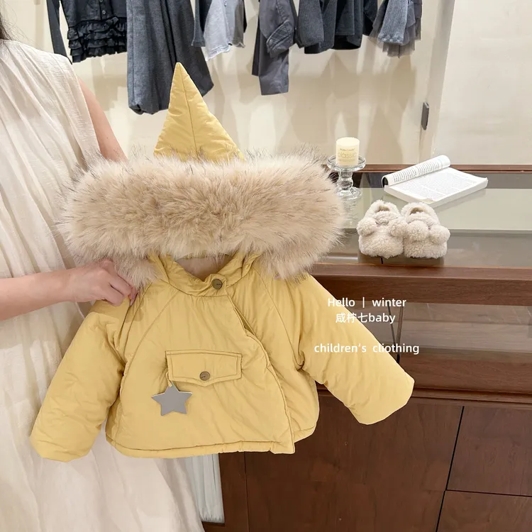 【咸柠七】超厚实！韩版女童大毛领加绒加厚可爱宝宝精灵帽棉服外套