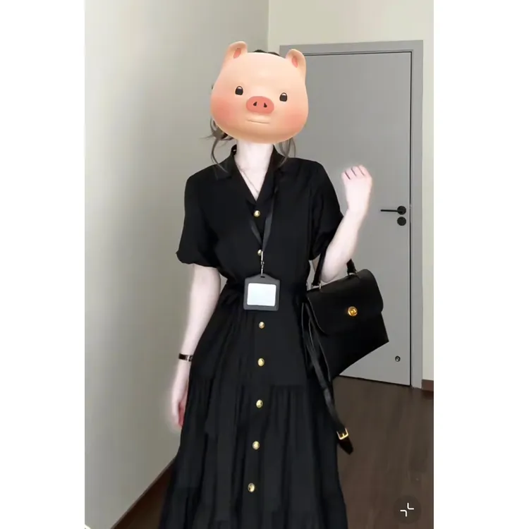 大码黑色V领衬衫连衣裙胖mm夏季新款高级感显瘦气质短袖A字长裙子