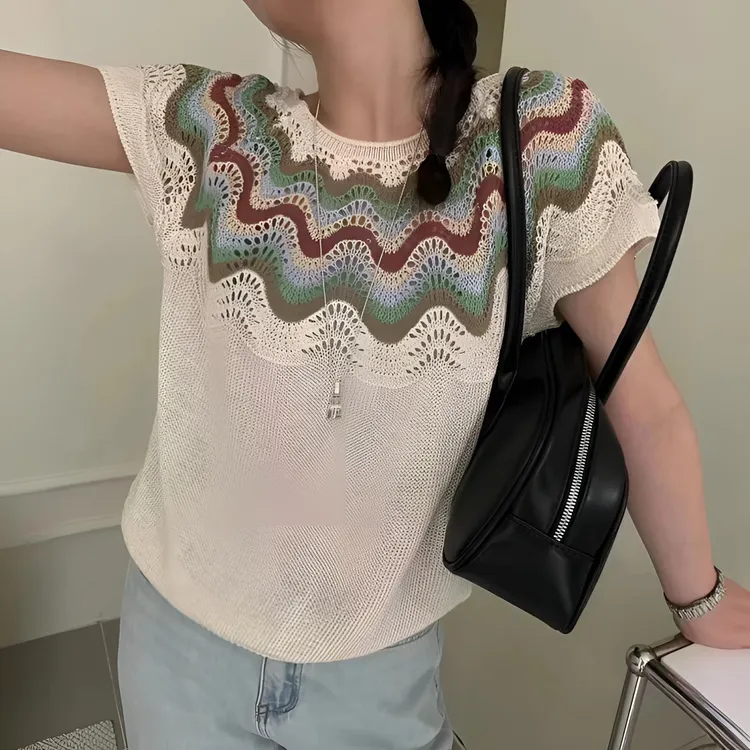 彩虹拼色镂空短袖女2025时尚夏装宽松显瘦圆领t恤新款针织衫上衣
