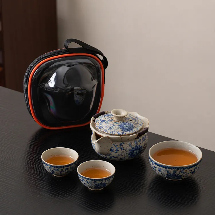 复古青花火石红手抓壶旅行茶具套装一壶两杯快客杯户外便携泡茶壶