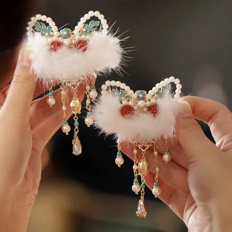 醒狮流苏蝴蝶结发夹女前额新年边夹汉服古风珍珠儿童红色拜年头饰