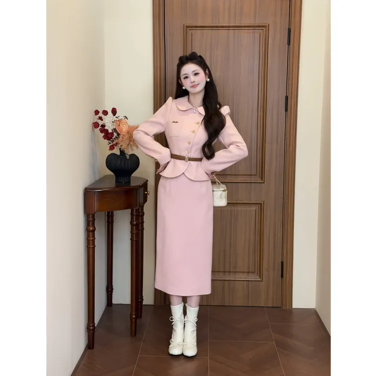 【烟桃】<77>小香风翻领外套+半身裙套装XMZH4591