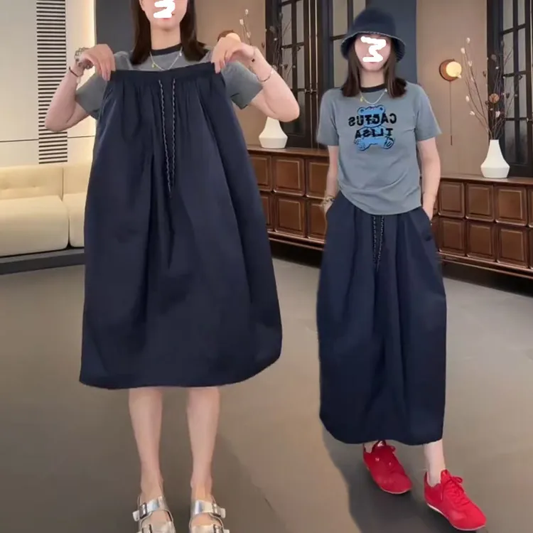 老钱风藏青色中长款半身裙夏天宽松显瘦a字花苞裙抽绳工装裙子