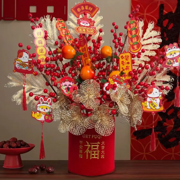 红果仿真石榴福桶客厅摆件发财果乔迁开业年宵花福桶柿子蝴蝶兰