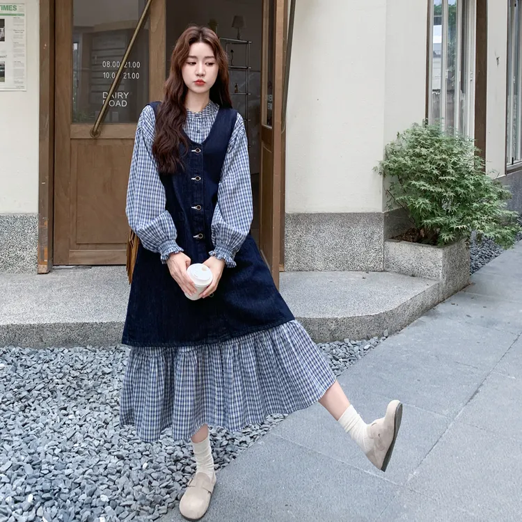 韩系复古学院风牛仔背心连衣裙套装女2025秋新款格纹衬衫裙两件套