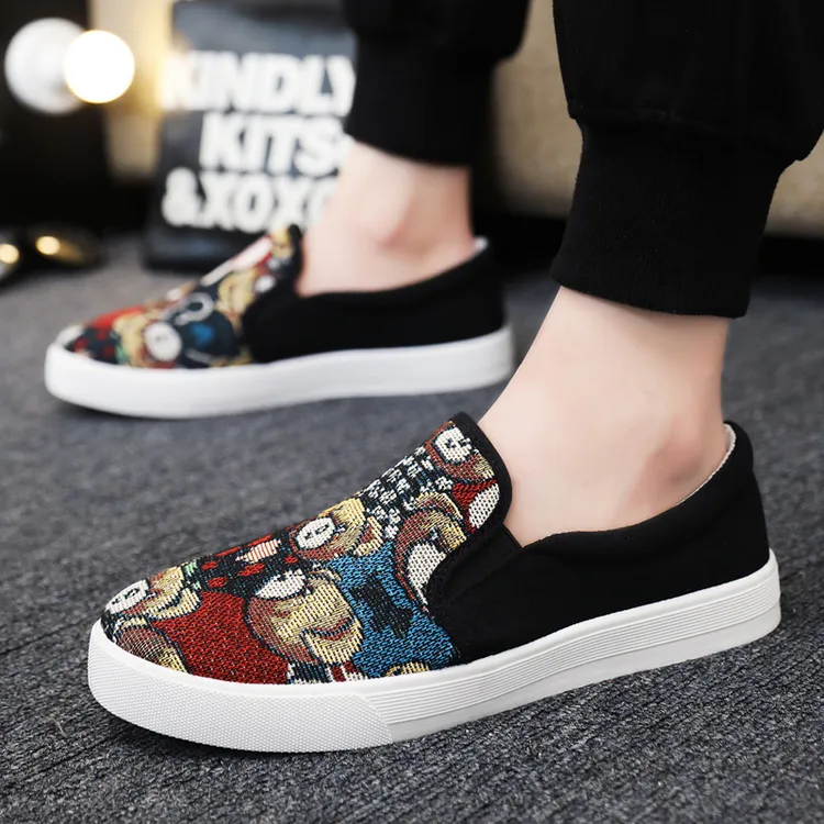 帆布鞋男一脚蹬懒人潮鞋板鞋春秋季透气豆豆鞋休闲鞋印花乐福鞋