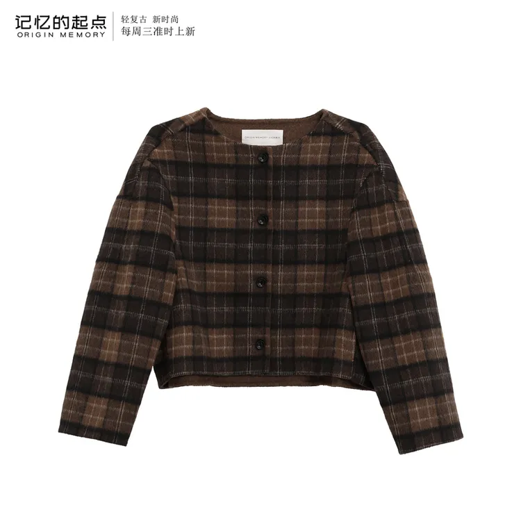记忆的起点羊毛双面呢大衣女2025冬季复古格子毛呢外套69GD42535