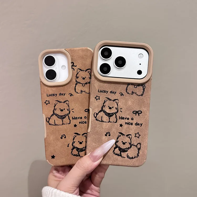 秋冬三只西高地手机壳适用苹果17p/16pro翻毛皮iPhone防摔卡通