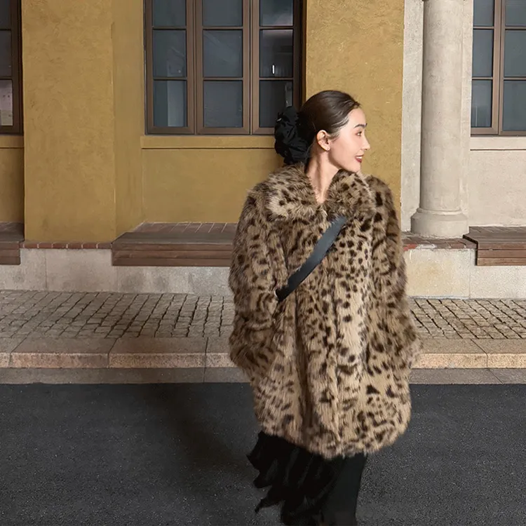 人造皮草 笑笑同款环保仿狐狸毛皮草外套女中长款豹纹毛绒绒大衣