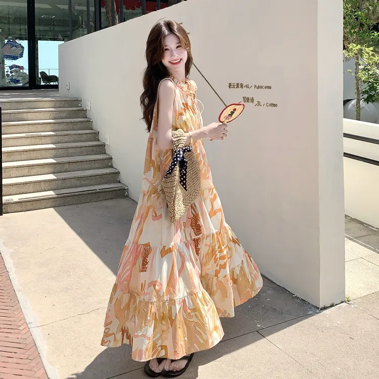 印花显瘦连衣裙长裙女夏季海边2025新款碎花法式甜美长女款裙子