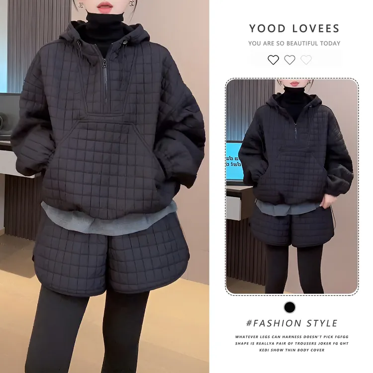 2026超火冬装一整套巨好看的华夫格时尚套装加厚卫衣短裤两件套