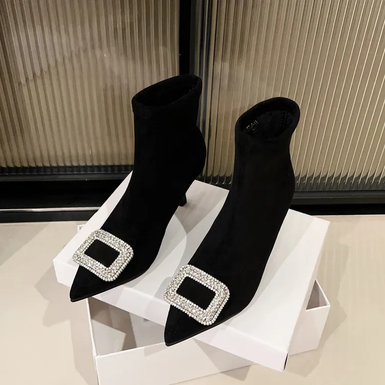 秋冬黑色高跟靴子时装弹力靴百搭时尚高跟尖头细跟小个子瘦瘦靴女