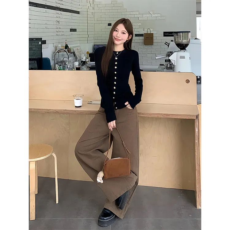 parkyeon高级感黑色长袖针织衫上衣女秋季新款直筒休闲裤两件套