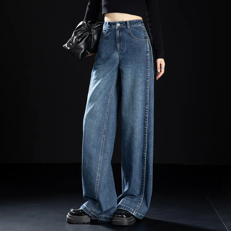 复古蓝解构高腰牛仔裤女2025春秋季新款显瘦长裤直筒遮肚阔腿裤子