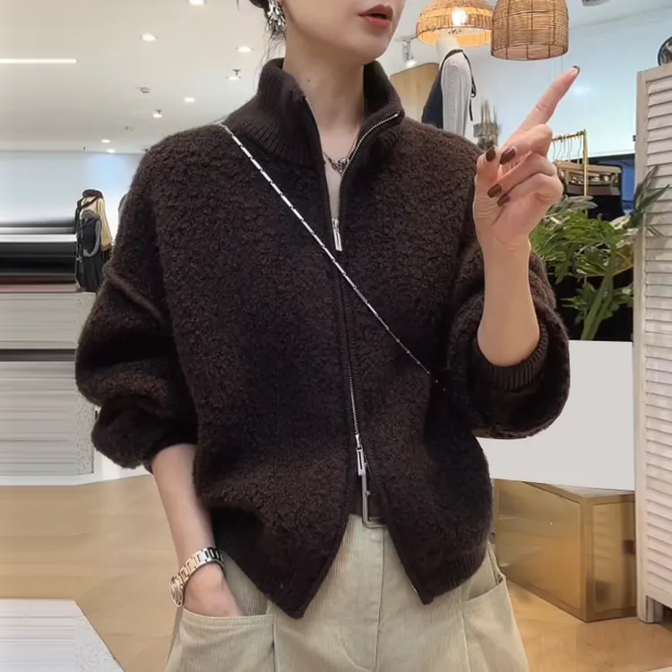 韩系立领颗粒感外套女2025秋冬新款简约百搭小个子软糯圈圈绒外套