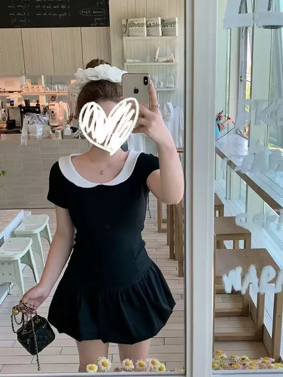 胖MM法式温柔风撞色娃娃领上衣夏季新款修身显瘦减龄两件套