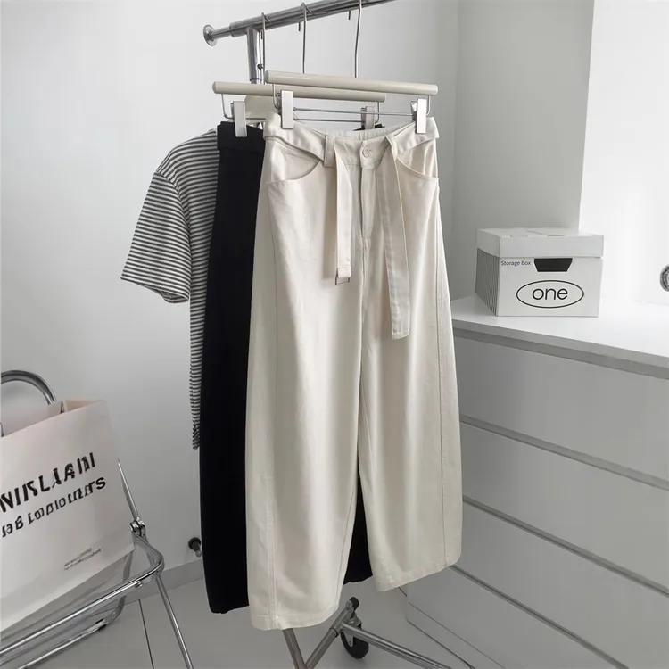 简约韩系天丝棉弯刀裤女气质百搭显瘦高腰带腰带休闲裤春夏直筒裤