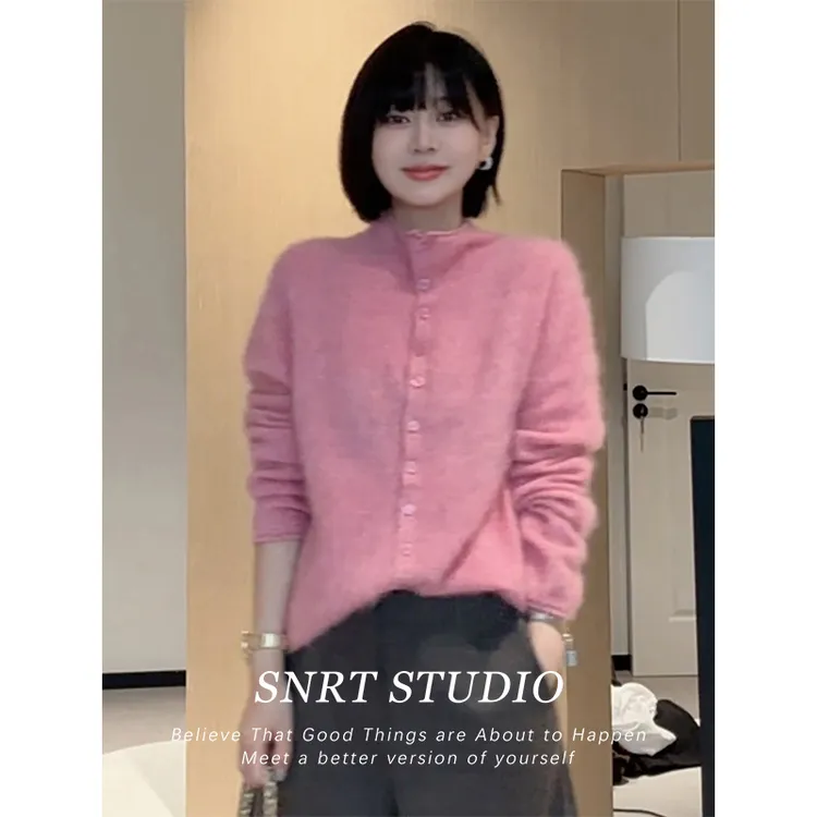 立领软糯长毛韩系温柔风洋气针织开衫女秋冬新款休闲百搭毛衣外套