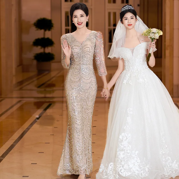 5973高级感端庄重工钉珠喜妈妈婚宴装重要场合演出走秀主持人礼服