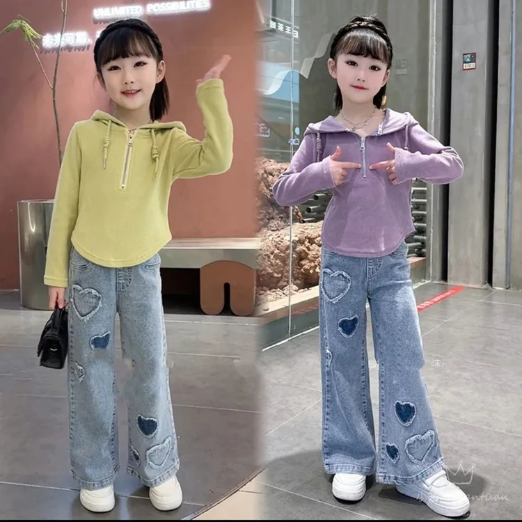 女童春季套装2025新款连帽打底衫上衣中大童爱心牛仔女童夏装套装