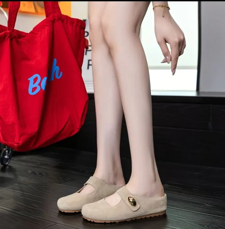 牛皮版~包头拖勃肯鞋女外穿2025一脚蹬6cm厚底内增高百搭凉鞋半拖