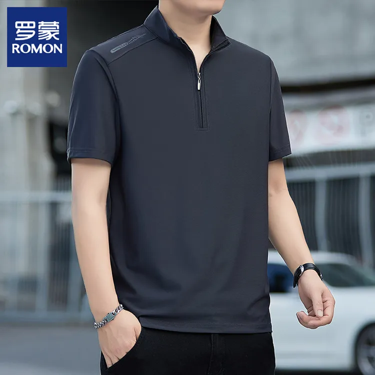 Romon/罗蒙男士短袖夏季商务休闲立领上衣半拉链薄款冰丝速干T恤