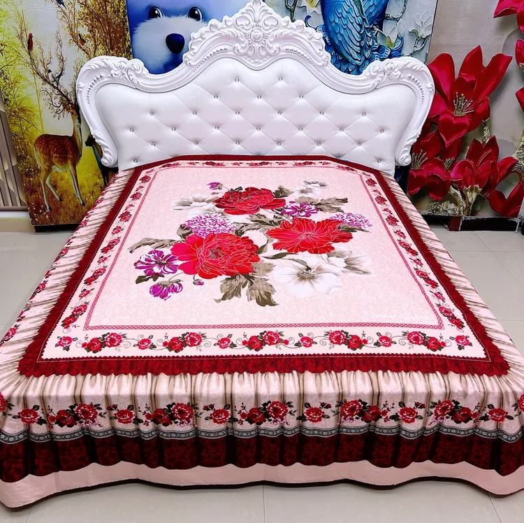牡丹花四季通用双人床单炕单榻榻米防床裙全包围2.3米x2.3米