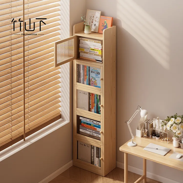 实木书架多层放书置物架家用客厅书房简约超窄书柜带门防尘收纳柜