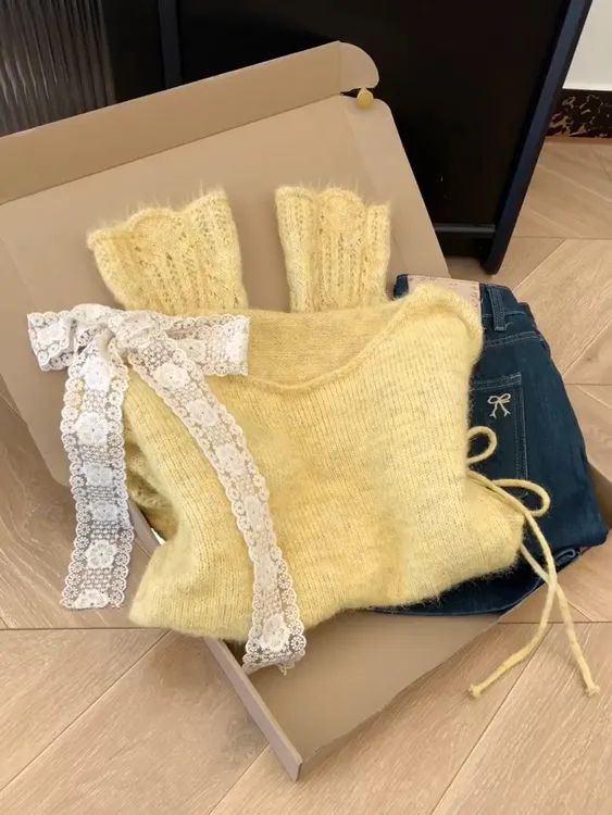 法式系带蝴蝶结长袖针织衫女秋款软糯马海毛毛衣辣妹绑带收腰上衣