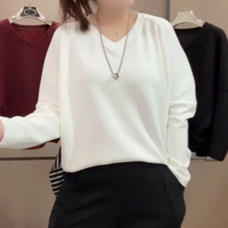 V领套头时尚宽松耐脏春季褶皱T恤朋克风秋季简约大码显瘦长袖上衣