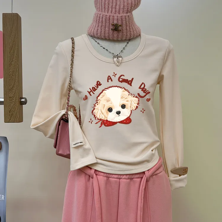 小狗印花修身显瘦长袖T恤女冬款加绒加厚2025新款辣妹圆领上衣