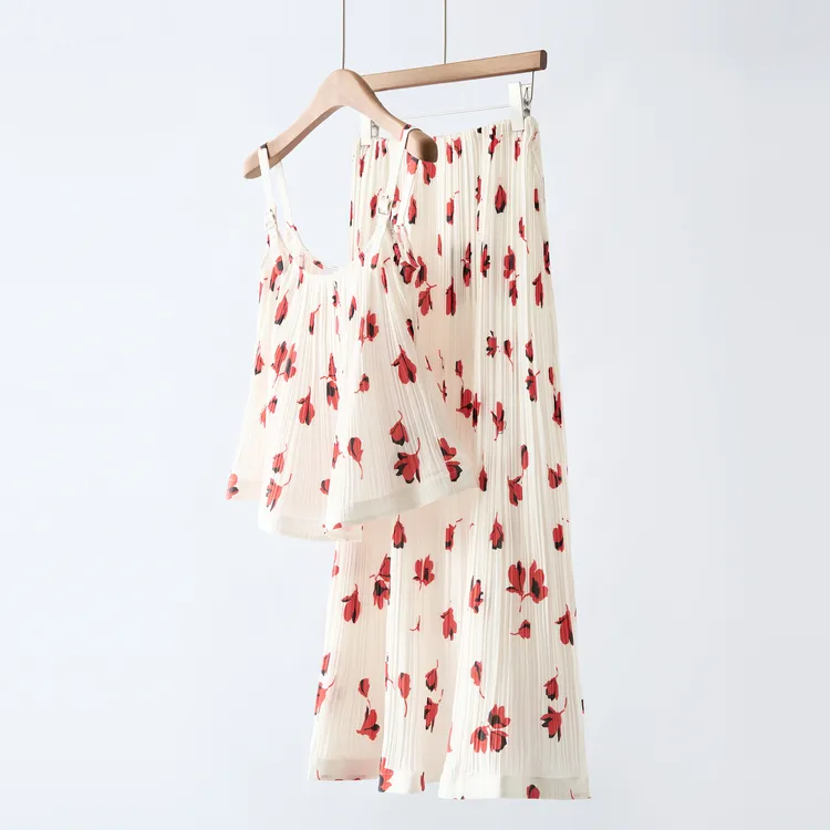 【YS11530】田曦薇同款S*P花灰印花风琴褶气质吊带上衣半身裙套装