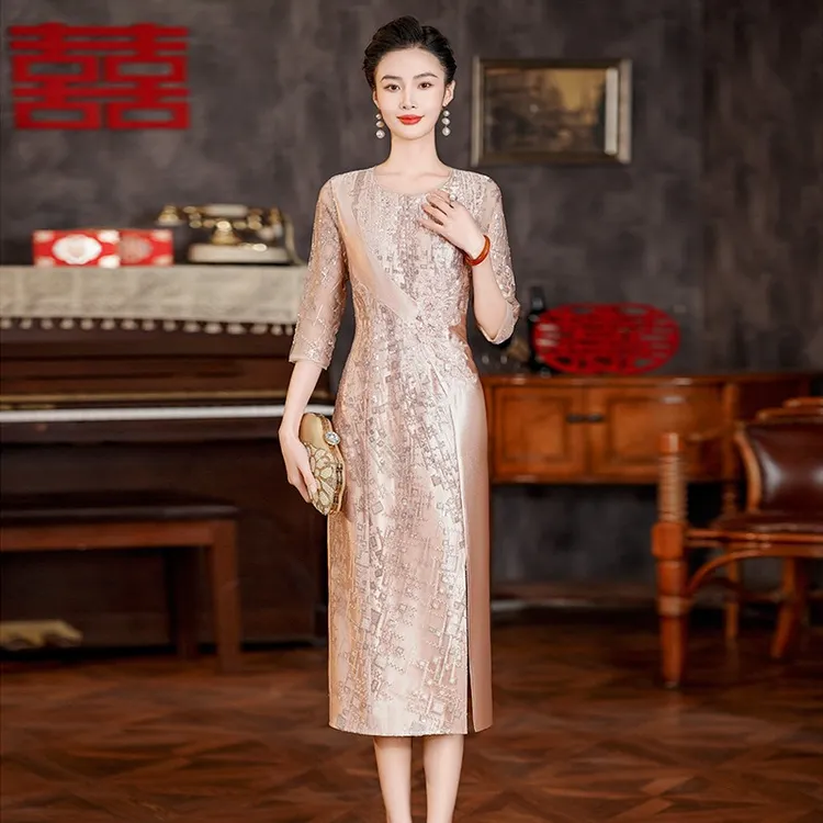 高端大牌喜婆婆婚宴装2025新款香槟色结婚妈妈婚宴礼服平时可穿秋