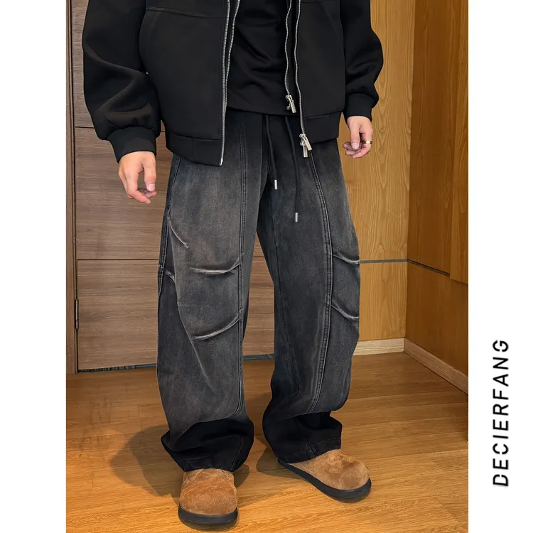 小众褶皱设计师款男士宽松直筒复古休闲裤