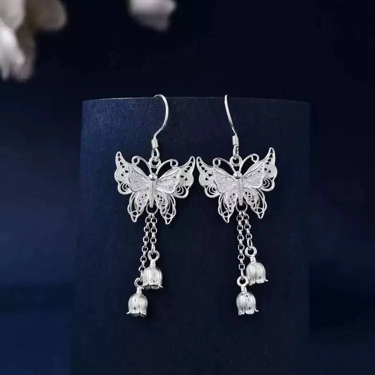 足银耳饰 足银镂空花丝蝴蝶耳钩耳环