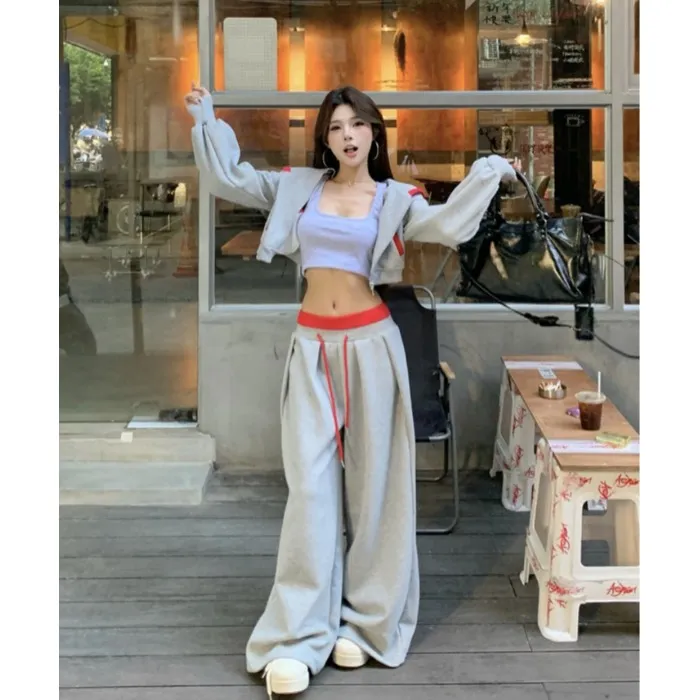 休闲运动套装灰色短款连帽开衫卫衣外套女秋季抽绳阔腿长裤两件套