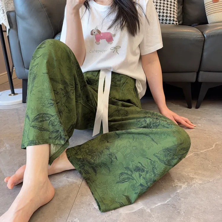 女士人造棉休闲长裤夏季新款长款宽松睡裤加大码棉绸薄款家居裤 