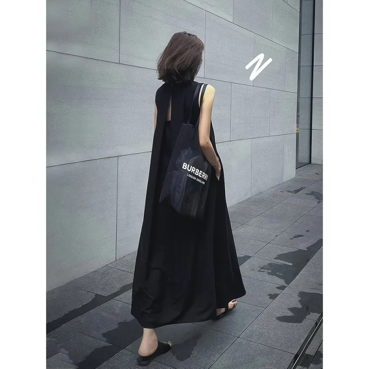 法式赫本风高级感长裙女夏季别致独特黑色后背镂空无袖背心连衣裙