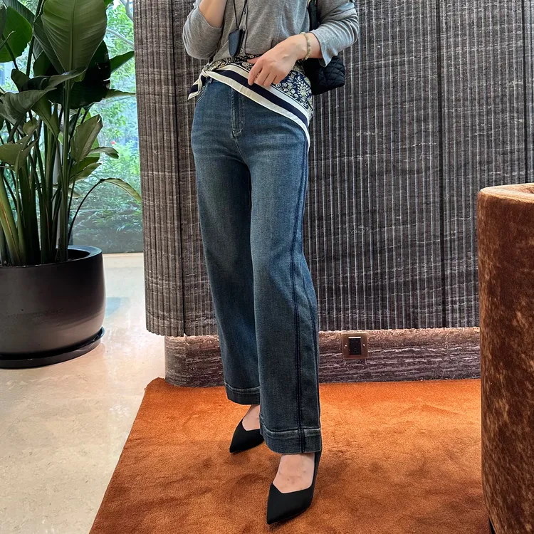 早秋美拉德风高腰加绒女直筒裤烟管八分牛仔裤百搭九分裤显瘦阔腿