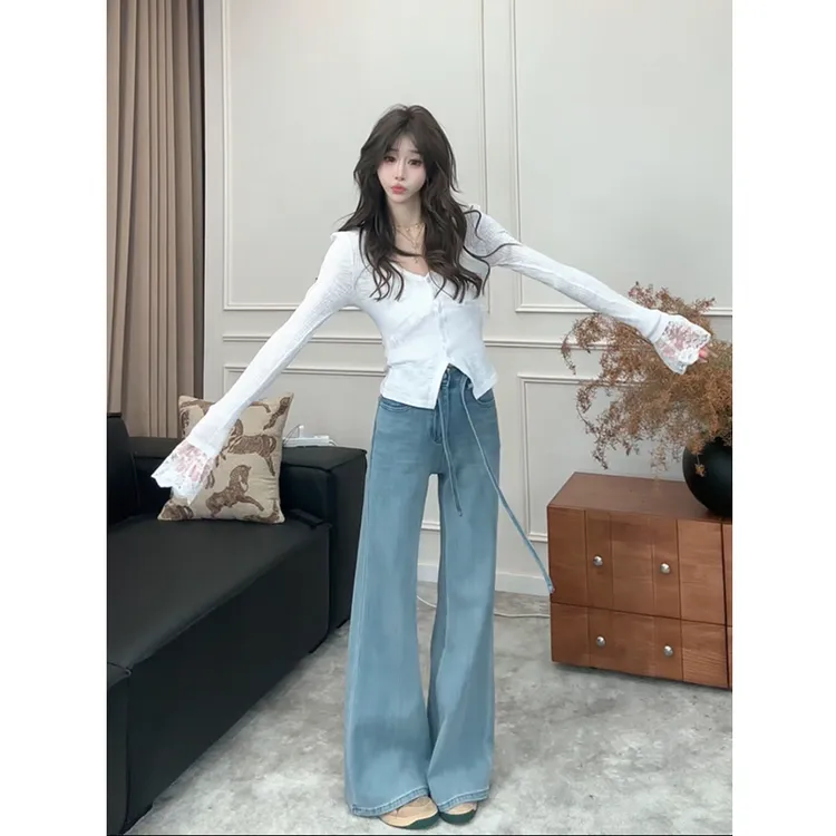 【欧若风】 韩版抽绳高腰不贴腿微喇裤女2025秋款宽松显瘦牛仔裤