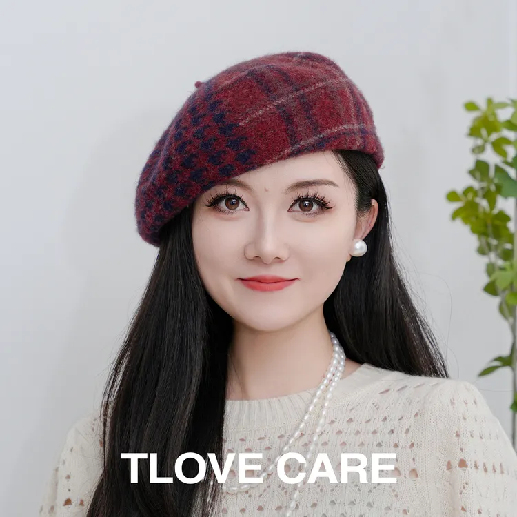 9866+tlove秋冬上新千鸟格拼格纹贝雷帽