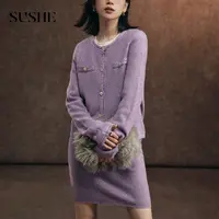 束皙SUSHE 流凝 复古电影感 金银丝羊毛编织开衫半身短裙针织套装